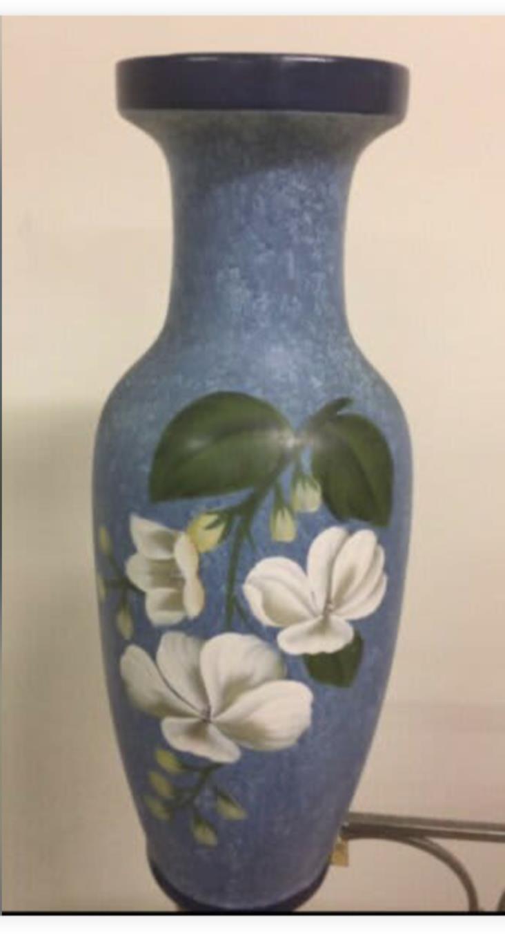 1980s Magnolias Hand Painted 61cm URN Vase Sponged Paint Finish Floral Display