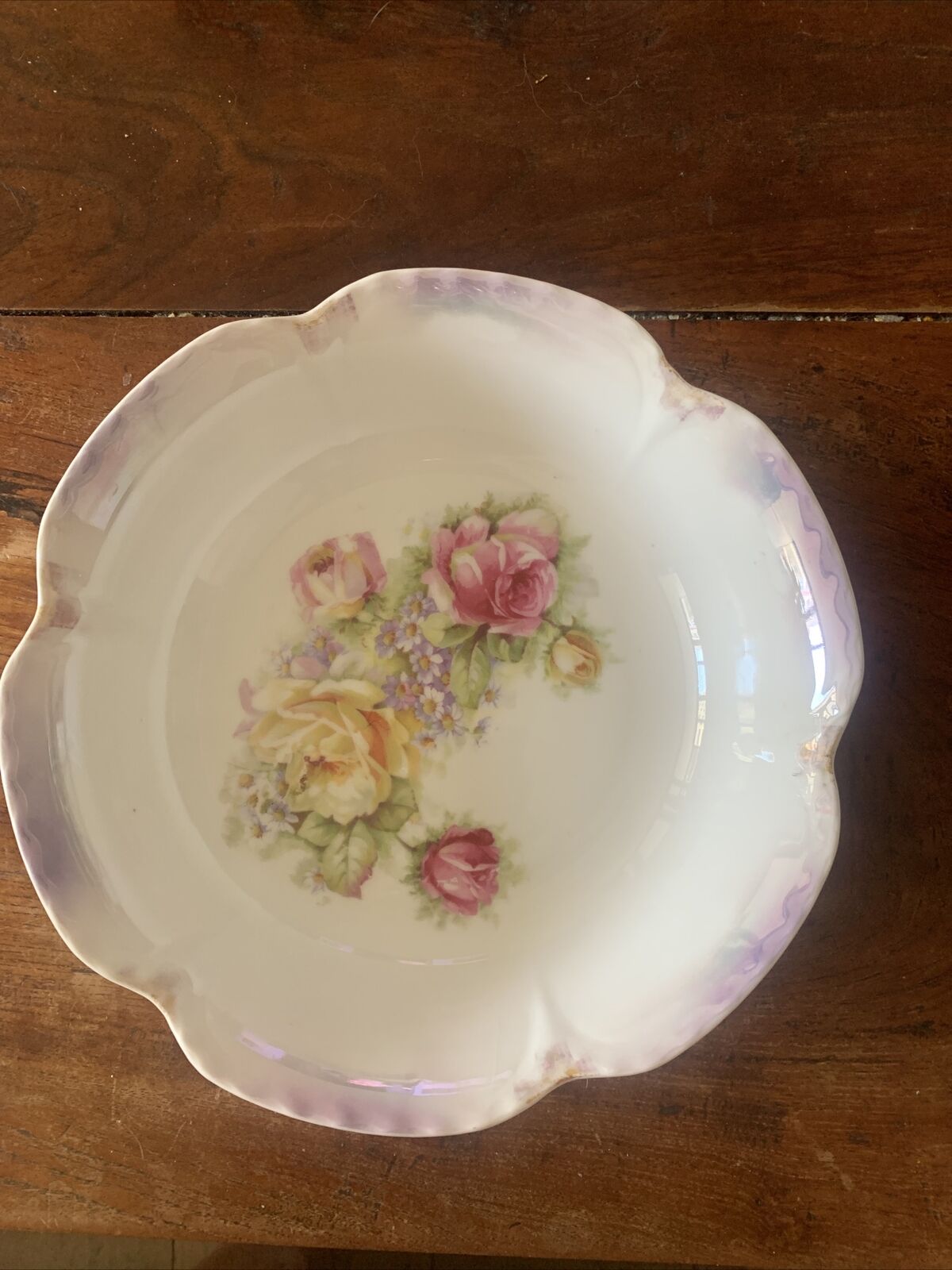 Vintage Hand Painted Bowl 9" 23cm Germany Roses Floral Scalloped Lustre Stamp 44