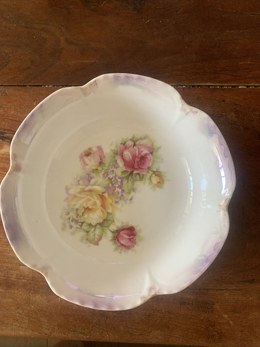 Vintage Hand Painted Bowl 9" 23cm Germany Roses Floral Scalloped Lustre Stamp 44