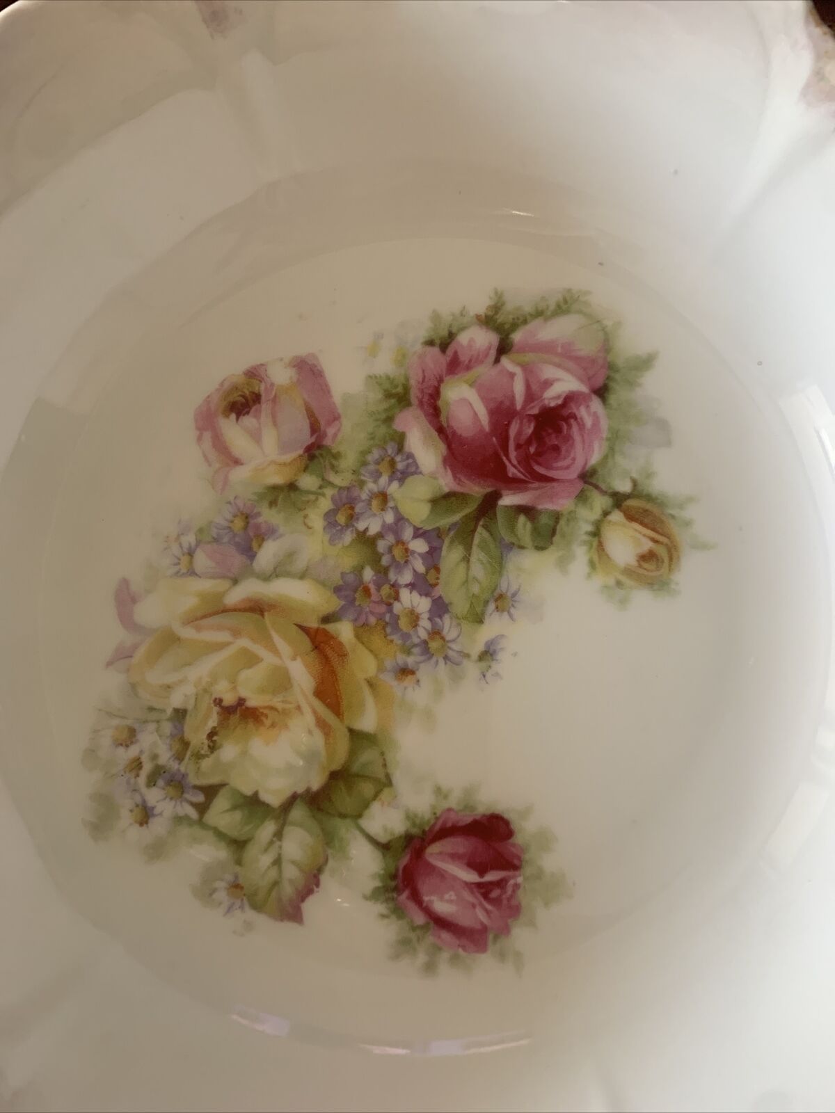 Vintage Hand Painted Bowl 9" 23cm Germany Roses Floral Scalloped Lustre Stamp 44