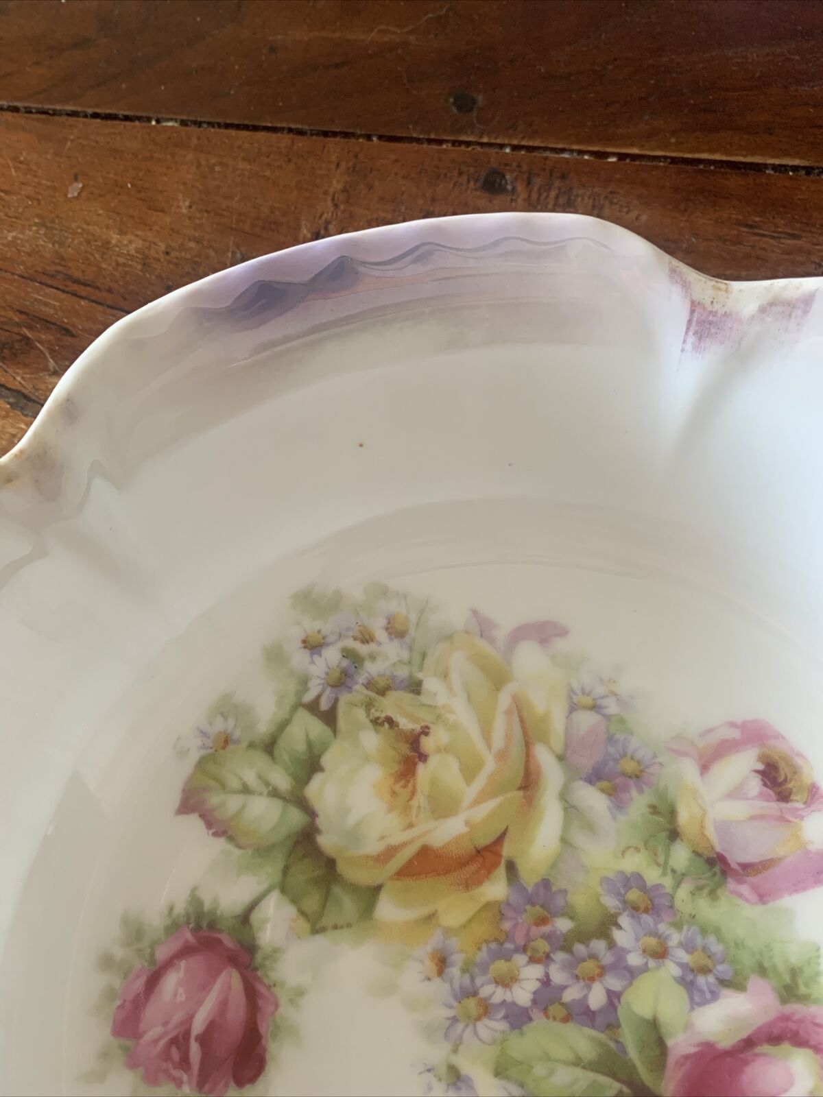 Vintage Hand Painted Bowl 9" 23cm Germany Roses Floral Scalloped Lustre Stamp 44