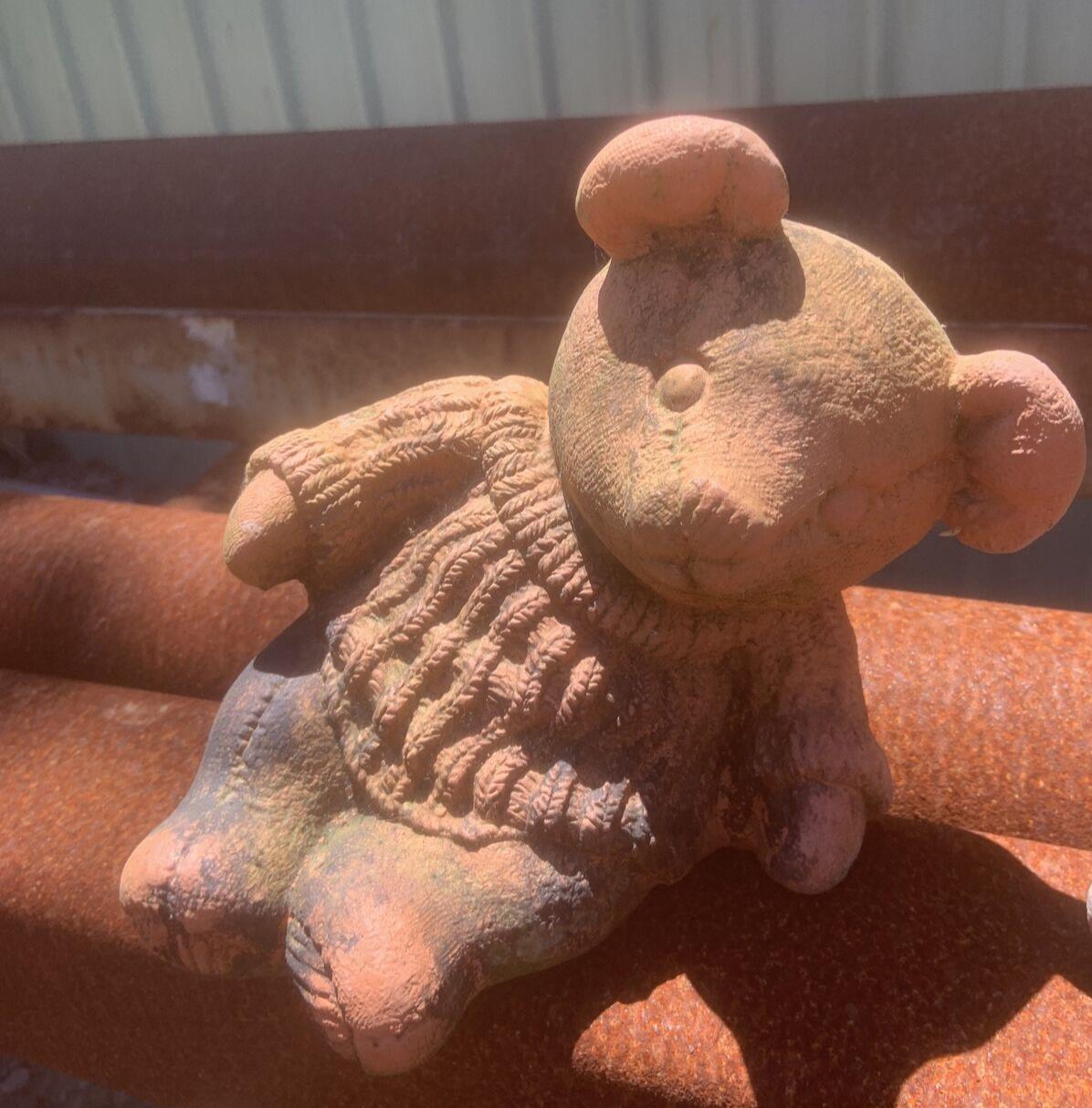 Pair Terracotta TEDDY BEARS Boy & Girl Outdoor Garden Statues Green Moss Patina