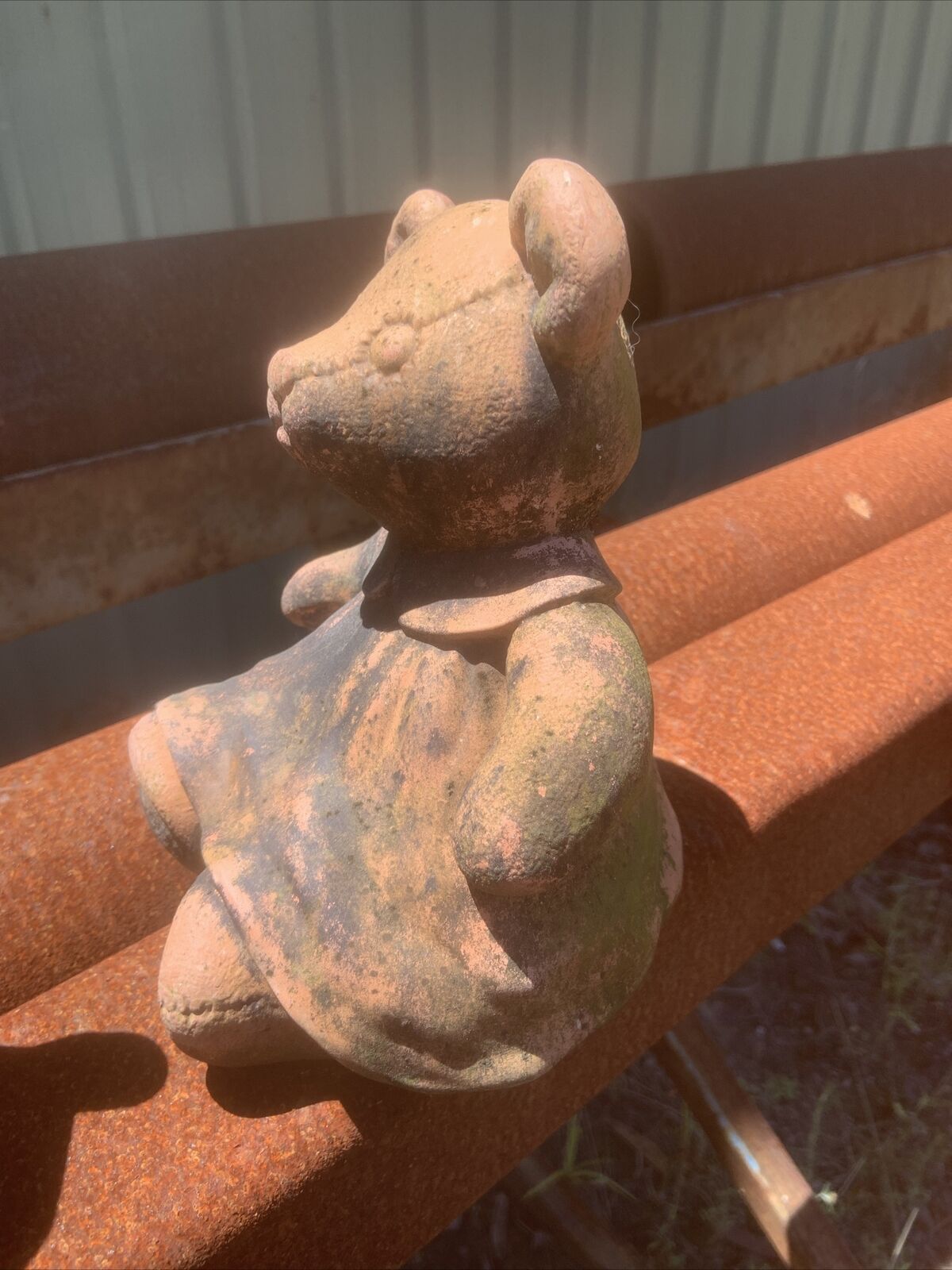 Pair Terracotta TEDDY BEARS Boy & Girl Outdoor Garden Statues Green Moss Patina