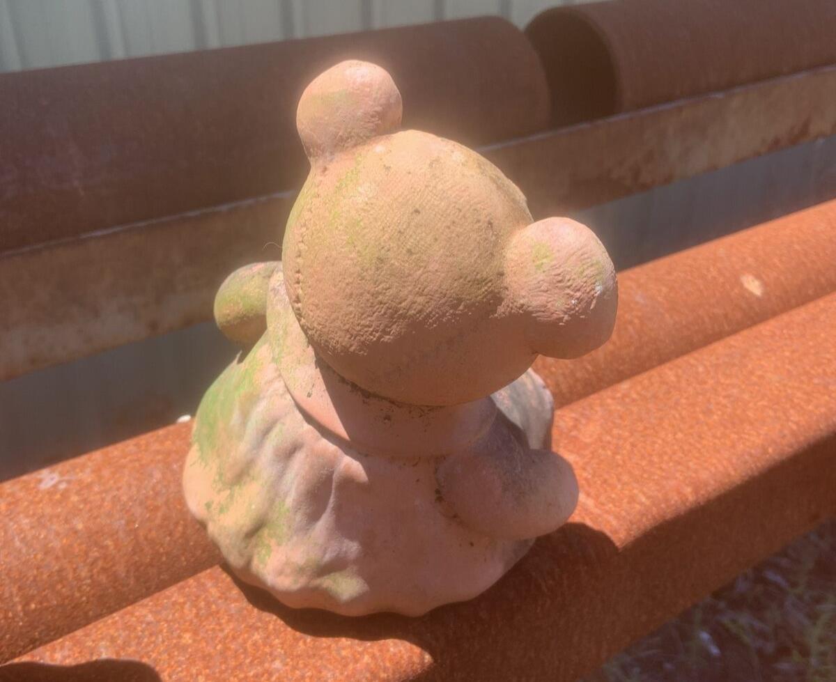 Pair Terracotta TEDDY BEARS Boy & Girl Outdoor Garden Statues Green Moss Patina