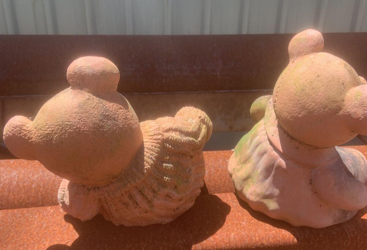 Pair Terracotta TEDDY BEARS Boy & Girl Outdoor Garden Statues Green Moss Patina