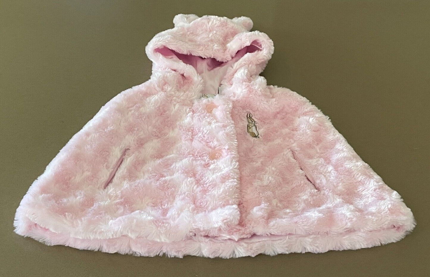 PETER RABBIT  Cape With Hoody & Ears Pink Soft Faux Fur Button Front Size 0