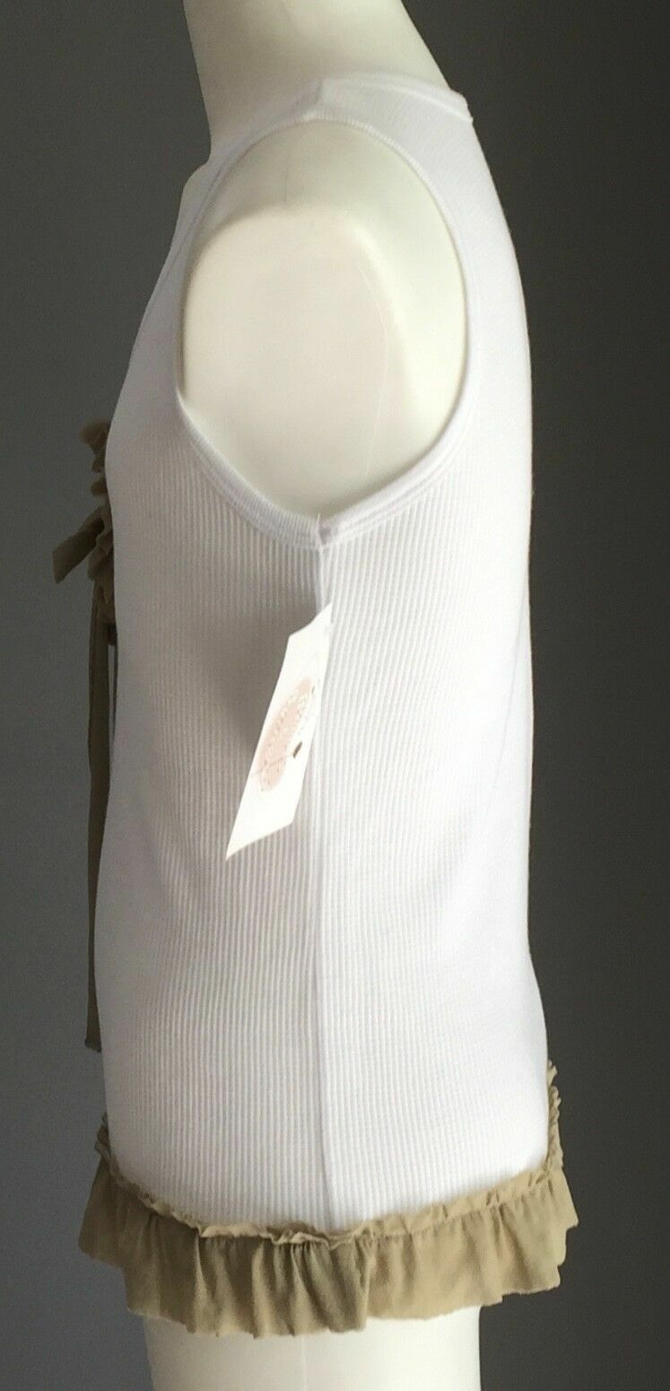 New Teen Girl BUBBLES & BUTTERCUPS Tank Top White w Khaki Floral Trim Size 14