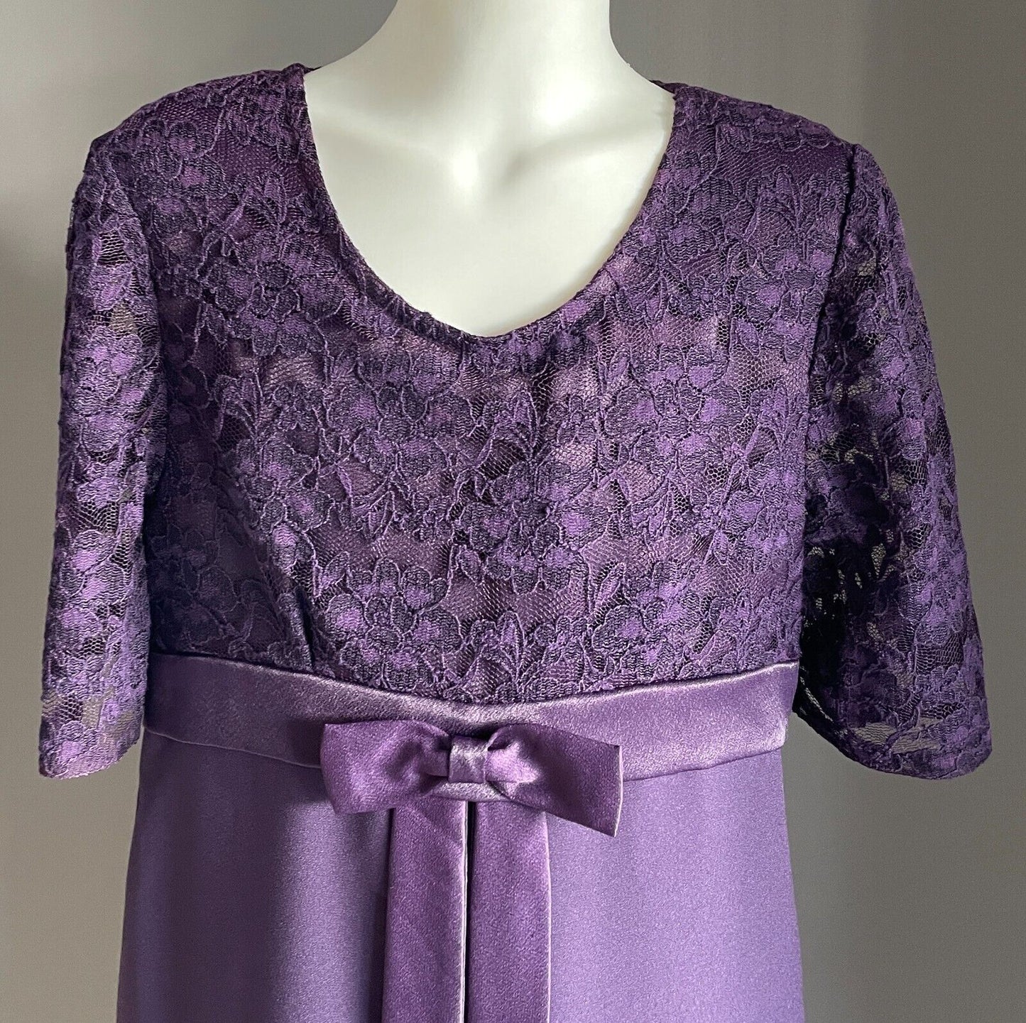 Teen Girl Long Formal Purple A-Line Midi Gown Short Sleeve Lace Bodice 16 Years
