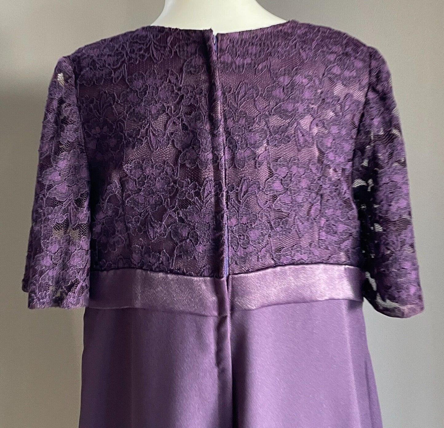 Teen Girl Long Formal Purple A-Line Midi Gown Short Sleeve Lace Bodice 16 Years