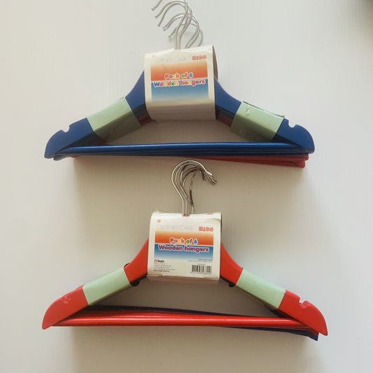 12 Kids Wooden COAT HANGERS Clothes Trouser Hanger Bar Wood Notches Red Blue NEW