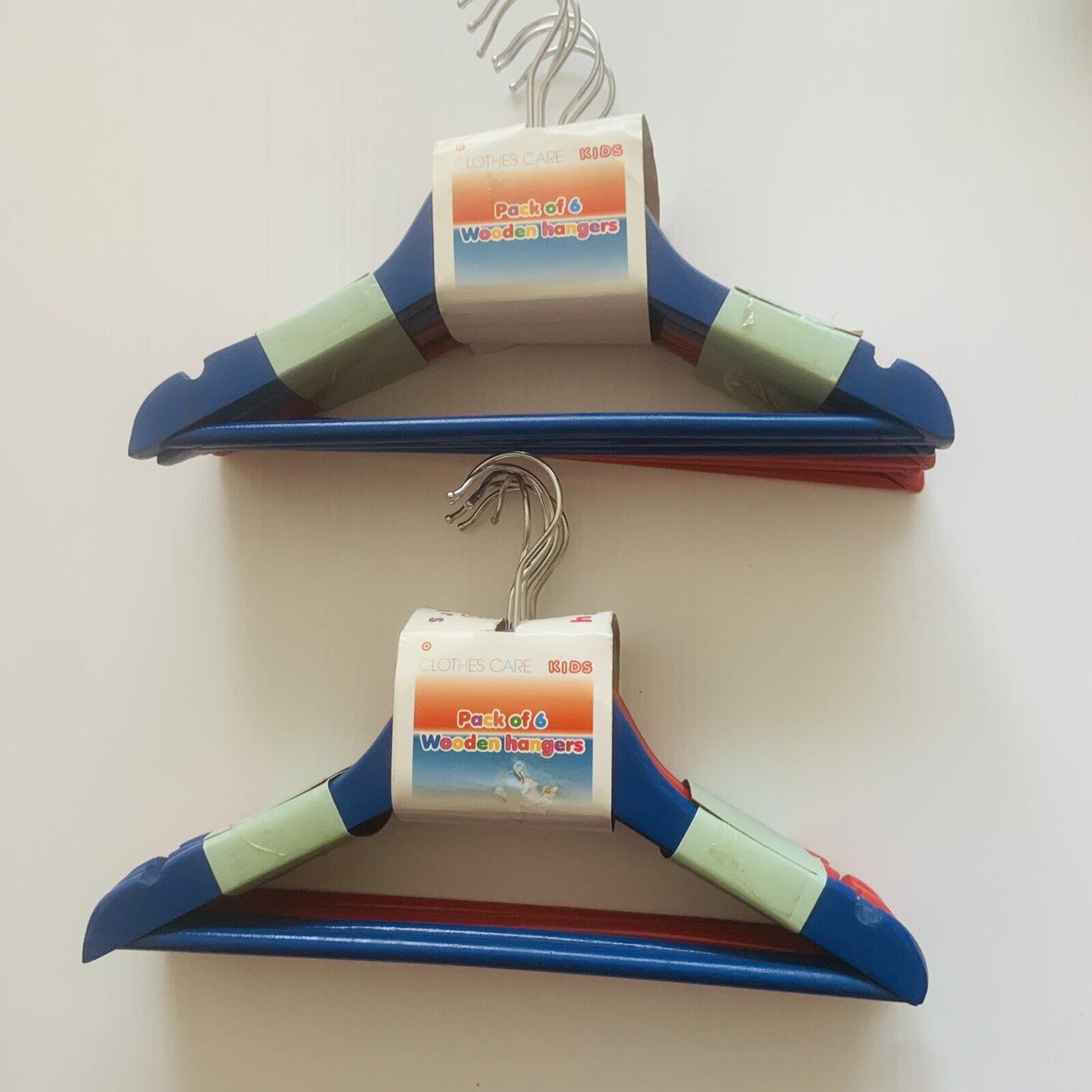12 Kids Wooden COAT HANGERS Clothes Trouser Hanger Bar Wood Notches Red Blue NEW