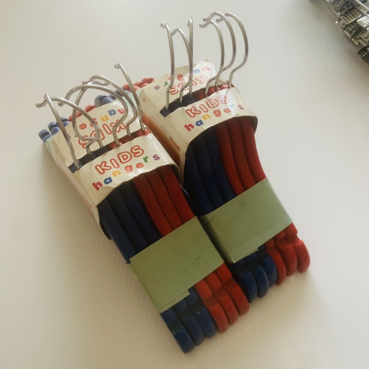 12 Kids Wooden COAT HANGERS Clothes Trouser Hanger Bar Wood Notches Red Blue NEW