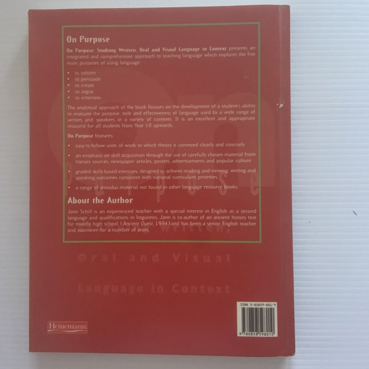 ON PURPOSE Studying Written Oral and Visual Language in Context PB 1996 1st Ed