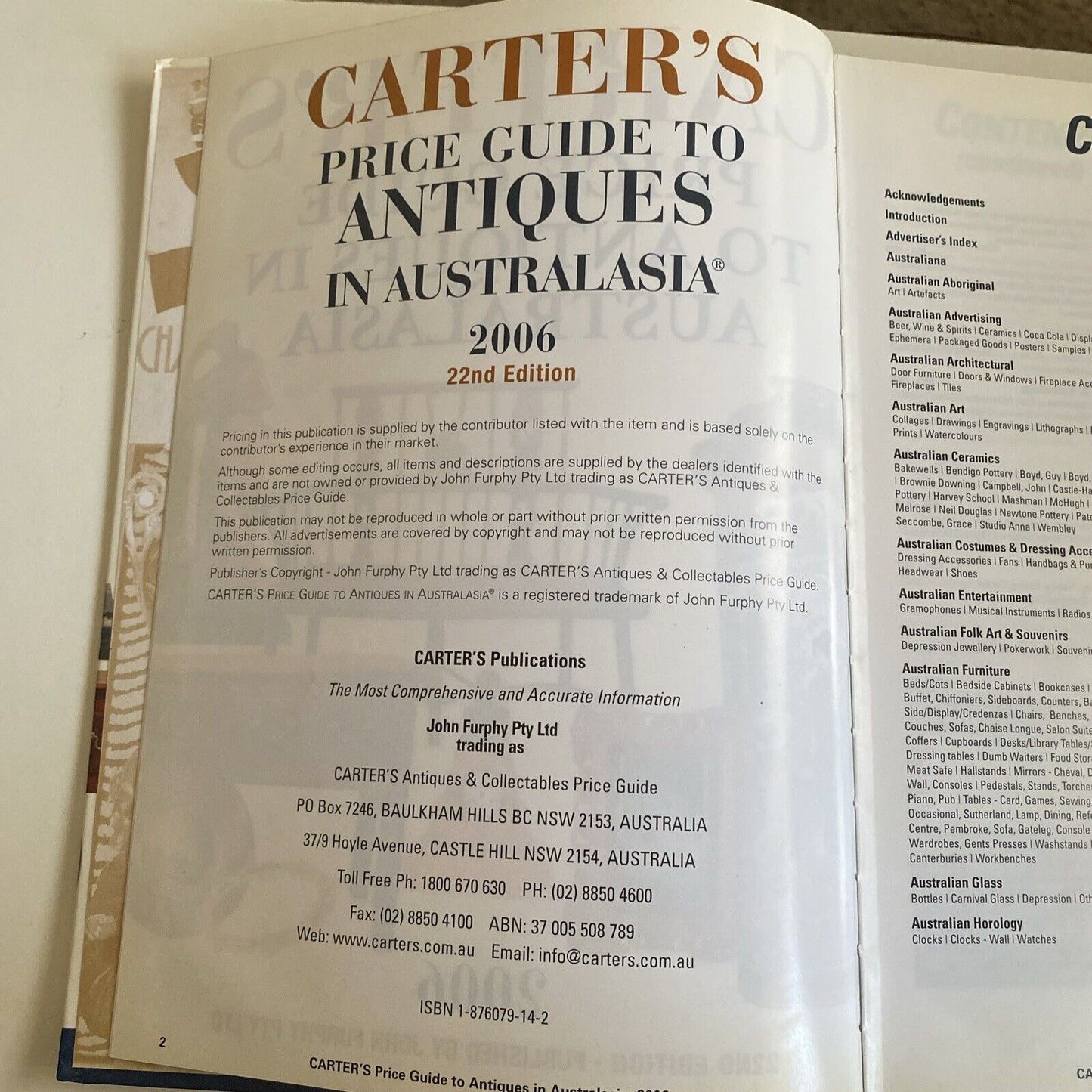 CARTER'S Price Guide To Antiques In Australasia 2006 Edition LG HC Reference