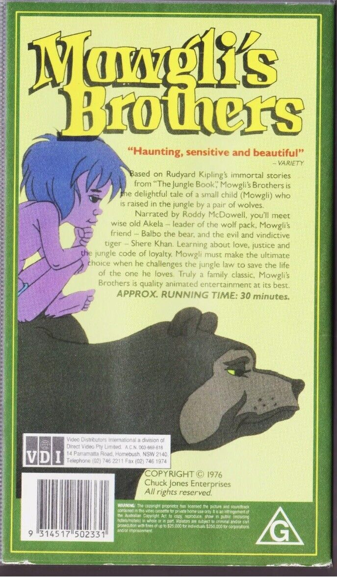 VHS Mowgli's Brothers 1991 The Jungle Book Video Tape Animation Roddy McDowell