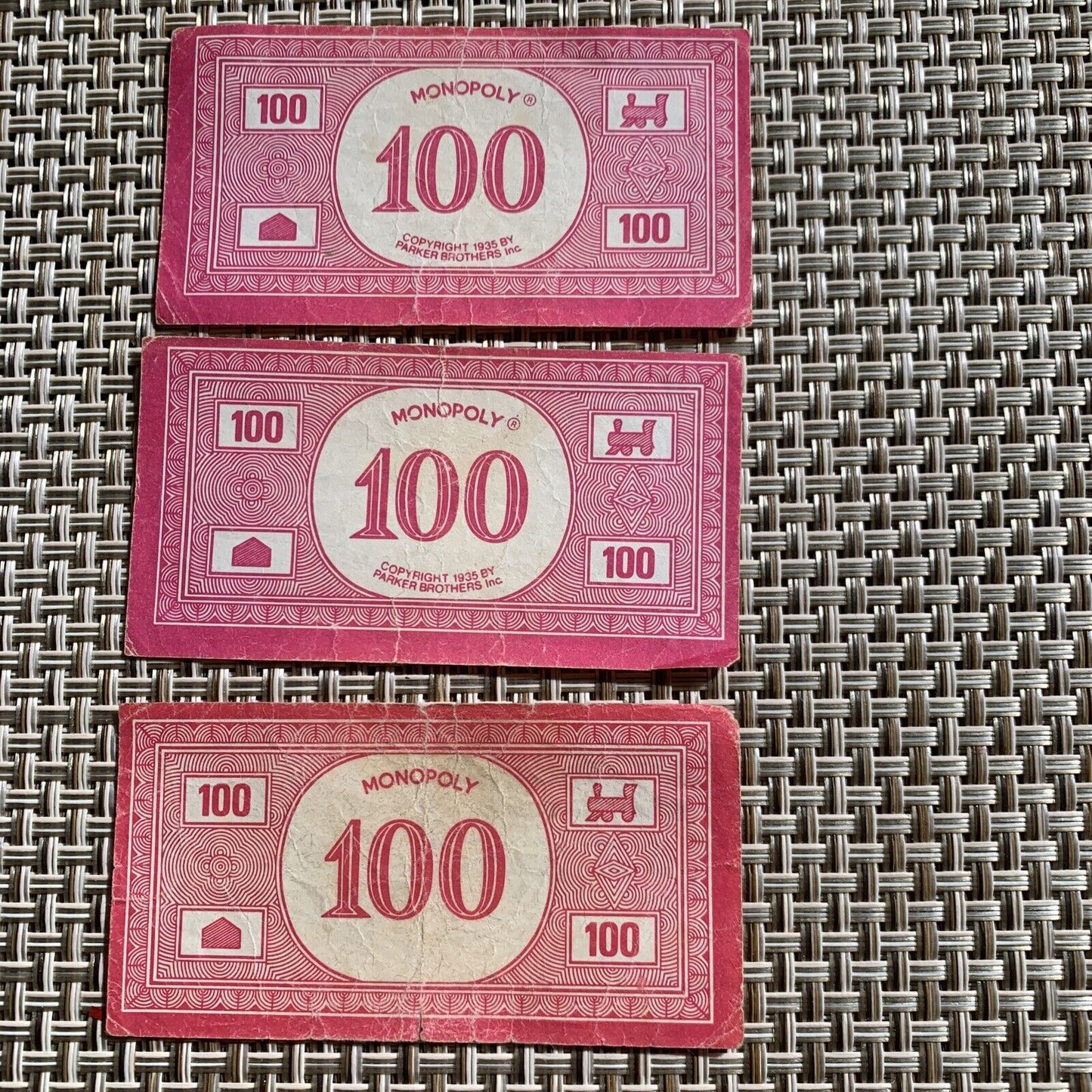 Board Game MONOPOLY 3x $100 Money 1935 REPLACEMENT NOTES Parker Brothers