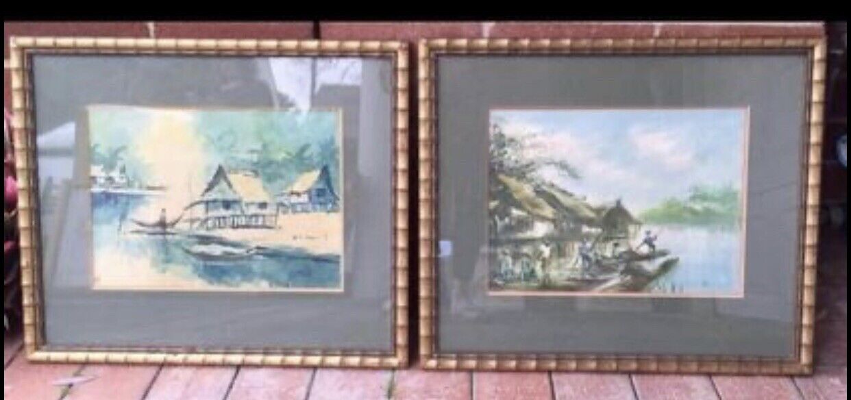 Painting Pair Early 1900's Oriental Water Village Bamboo Look Frames 56cm Asia