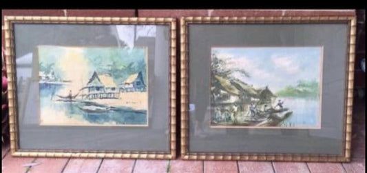 Painting Pair Early 1900's Oriental Water Village Bamboo Look Frames 56cm Asia