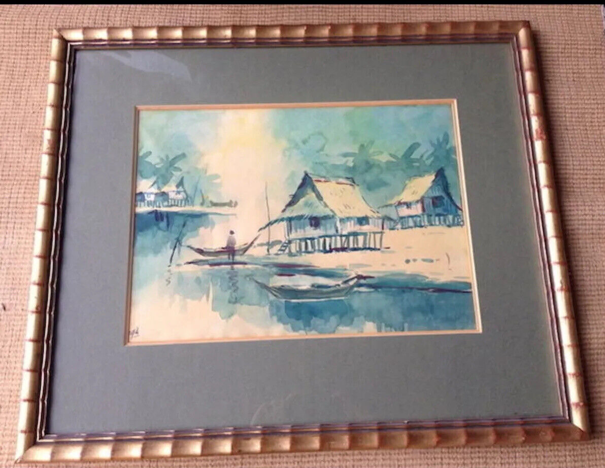 Painting Pair Early 1900's Oriental Water Village Bamboo Look Frames 56cm Asia