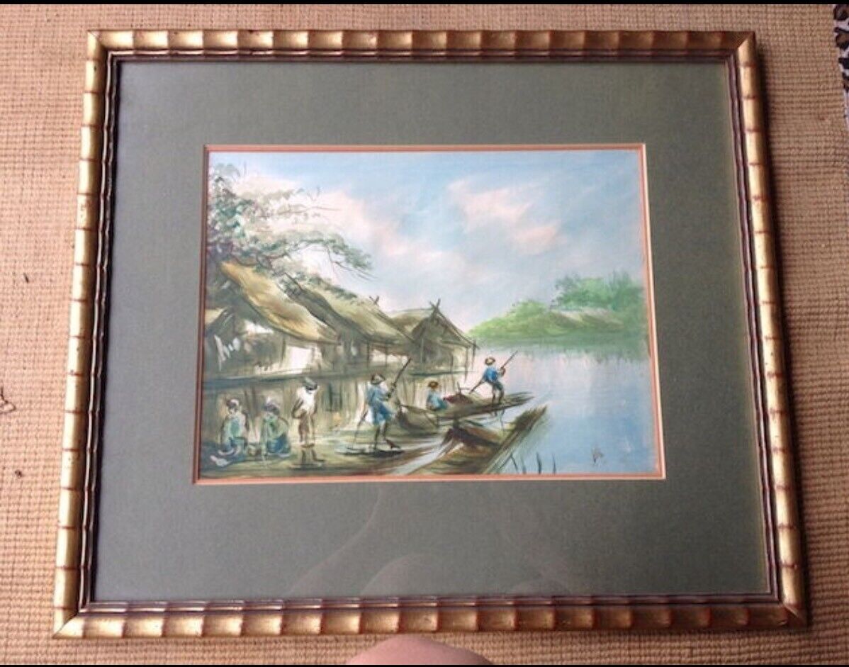 Painting Pair Early 1900's Oriental Water Village Bamboo Look Frames 56cm Asia