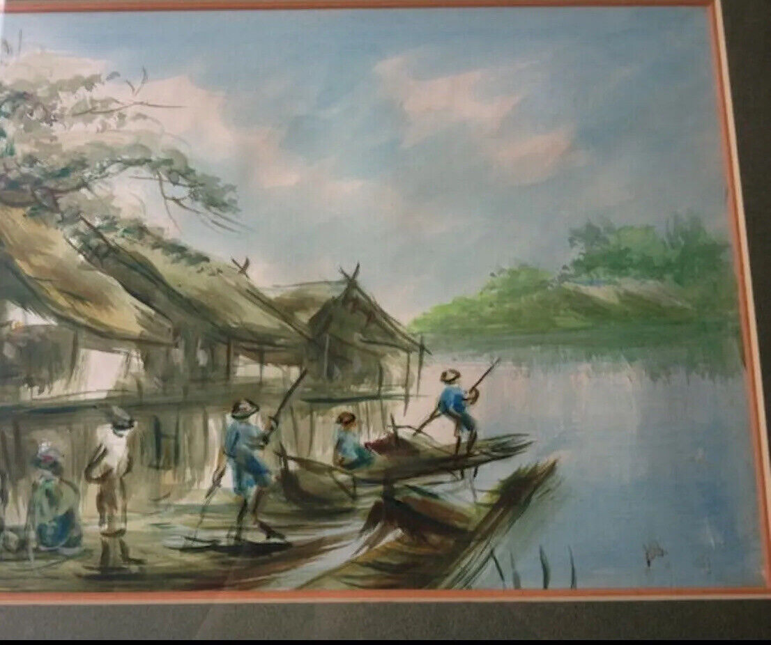 Painting Pair Early 1900's Oriental Water Village Bamboo Look Frames 56cm Asia