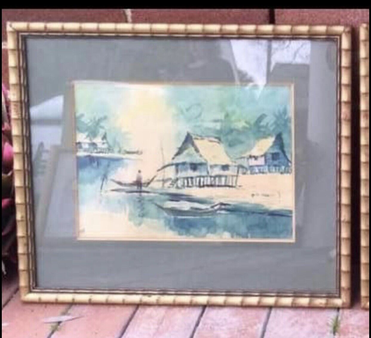 Painting Pair Early 1900's Oriental Water Village Bamboo Look Frames 56cm Asia