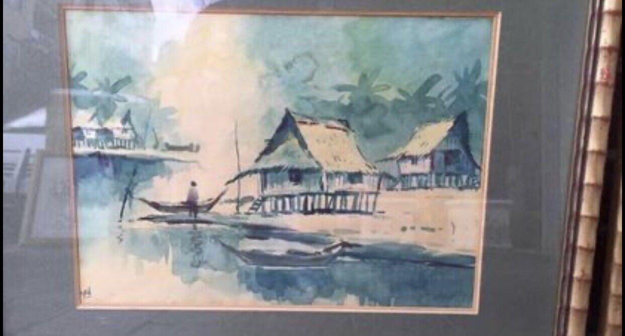 Painting Pair Early 1900's Oriental Water Village Bamboo Look Frames 56cm Asia
