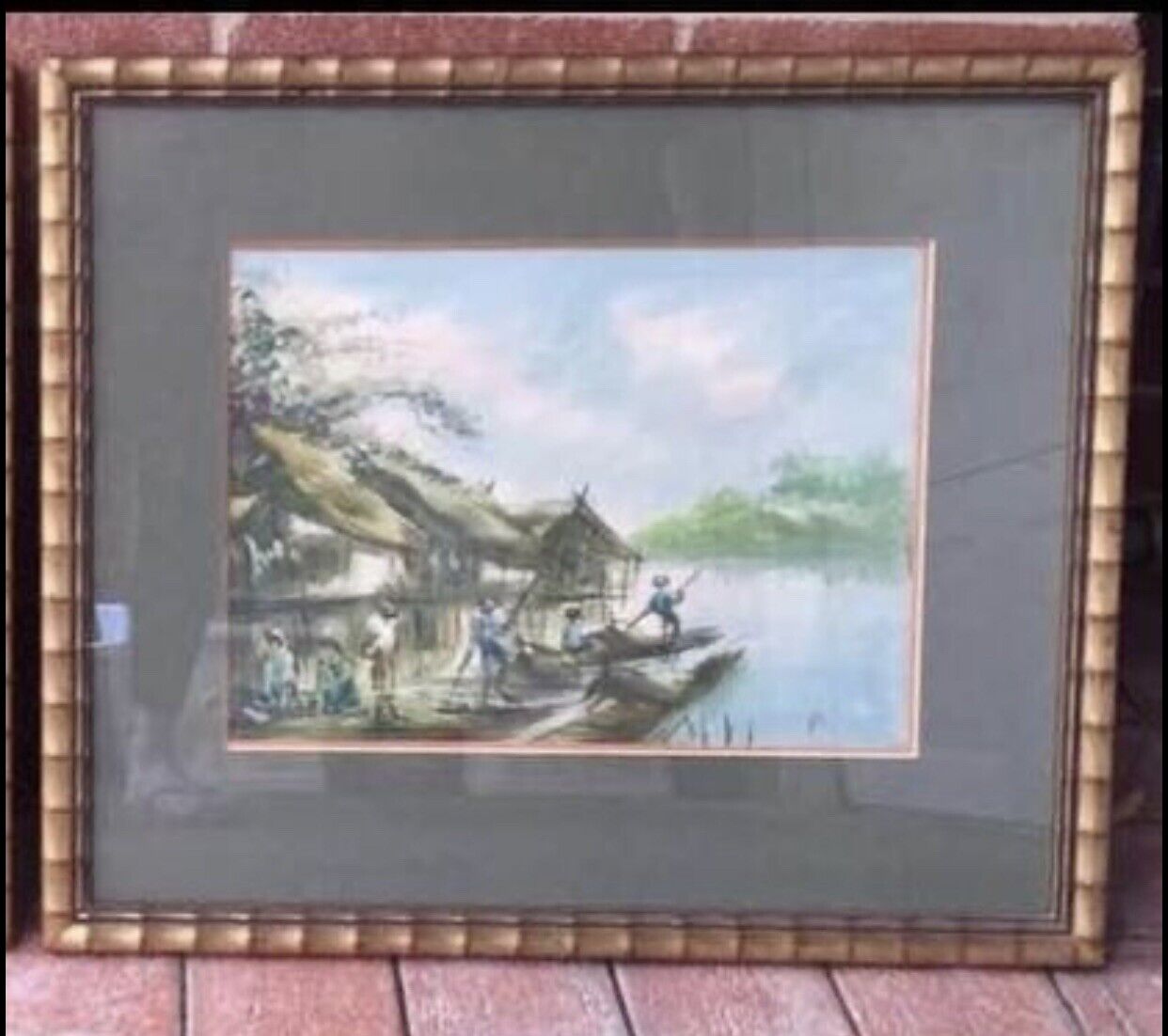 Painting Pair Early 1900's Oriental Water Village Bamboo Look Frames 56cm Asia