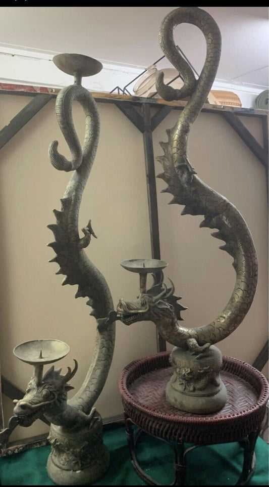 Antique Asian Sculpture 2X DRAGONS 93cm Candle Stands Silvered Cast Brass Metal