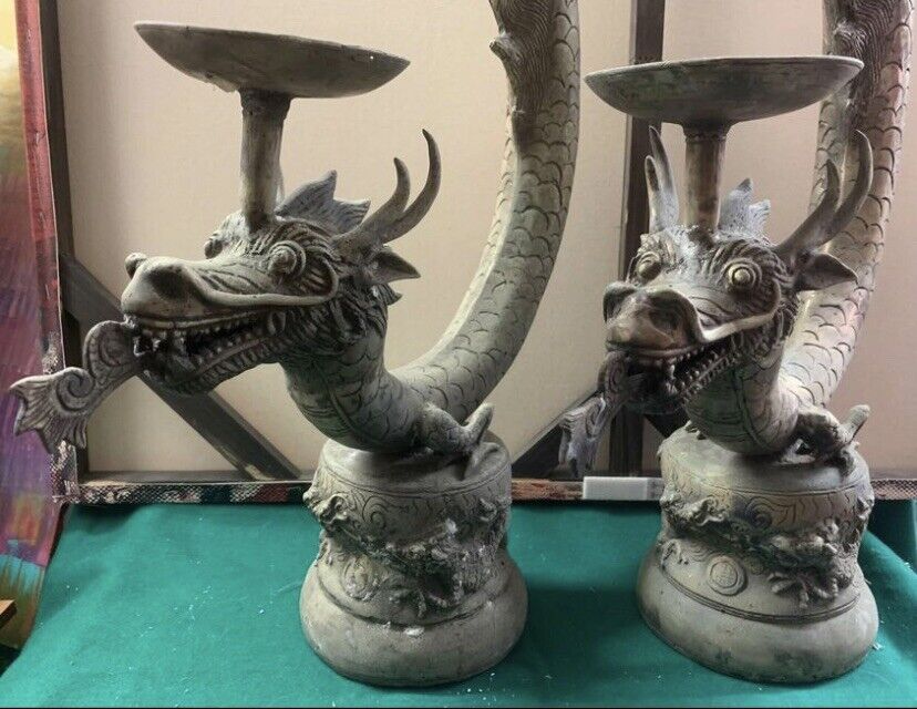 Antique Asian Sculpture 2X DRAGONS 93cm Candle Stands Silvered Cast Brass Metal