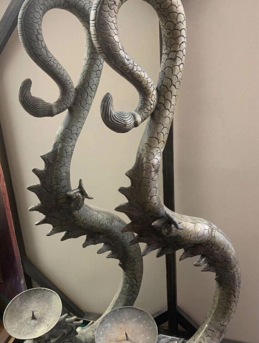 Antique Asian Sculpture 2X DRAGONS 93cm Candle Stands Silvered Cast Brass Metal