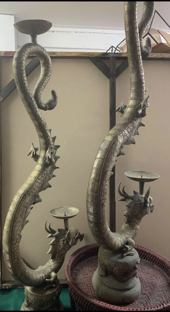 Antique Asian Sculpture 2X DRAGONS 93cm Candle Stands Silvered Cast Brass Metal