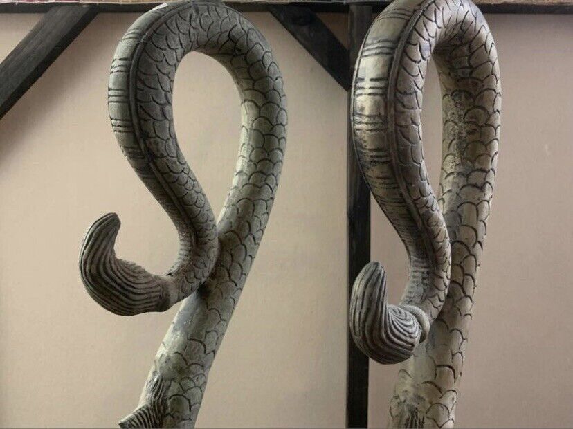 Antique Asian Sculpture 2X DRAGONS 93cm Candle Stands Silvered Cast Brass Metal