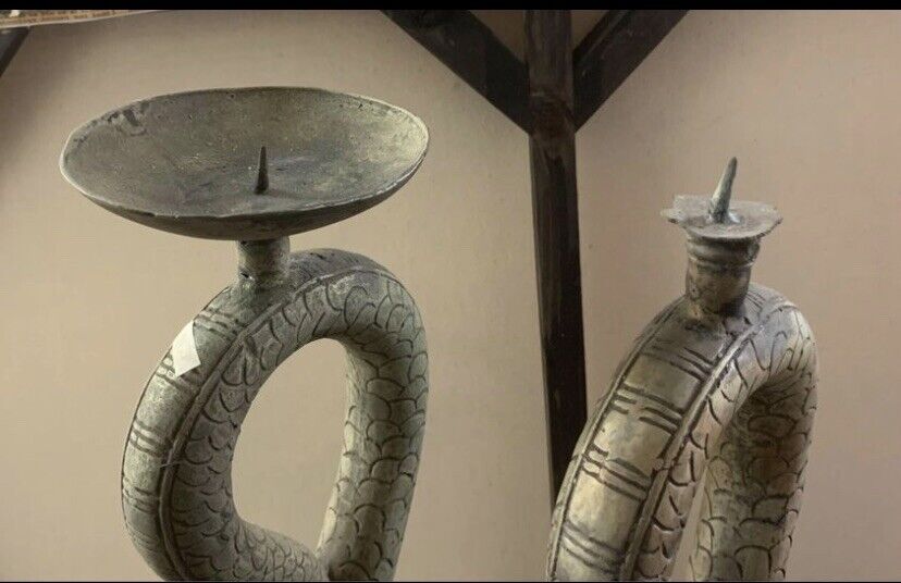 Antique Asian Sculpture 2X DRAGONS 93cm Candle Stands Silvered Cast Brass Metal
