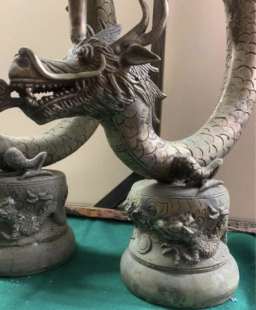 Antique Asian Sculpture 2X DRAGONS 93cm Candle Stands Silvered Cast Brass Metal