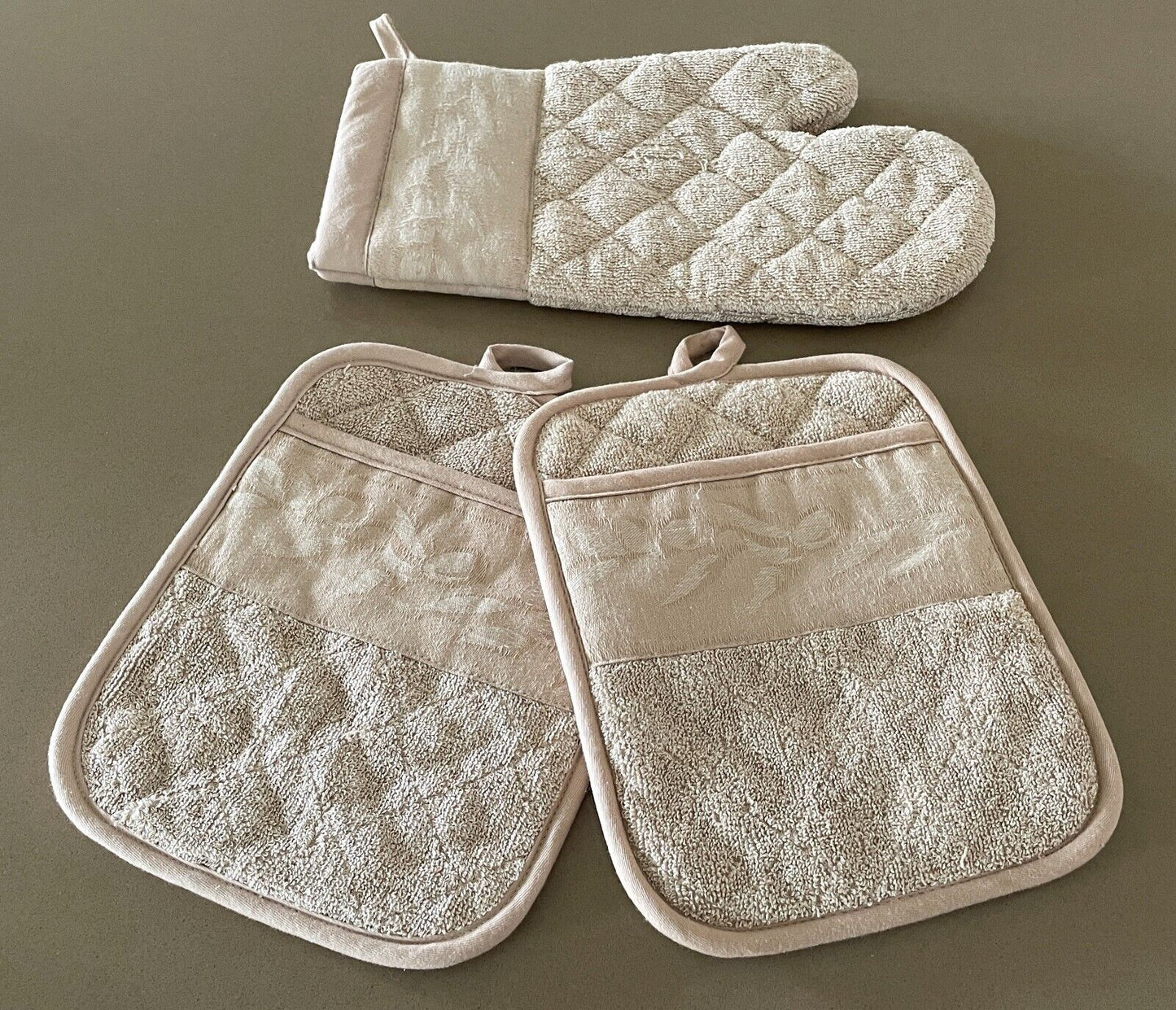 1 x Oven Mitt 2 x Pot Holders Set Beige W Floral Jacquard Kitchen Cooking BBQ