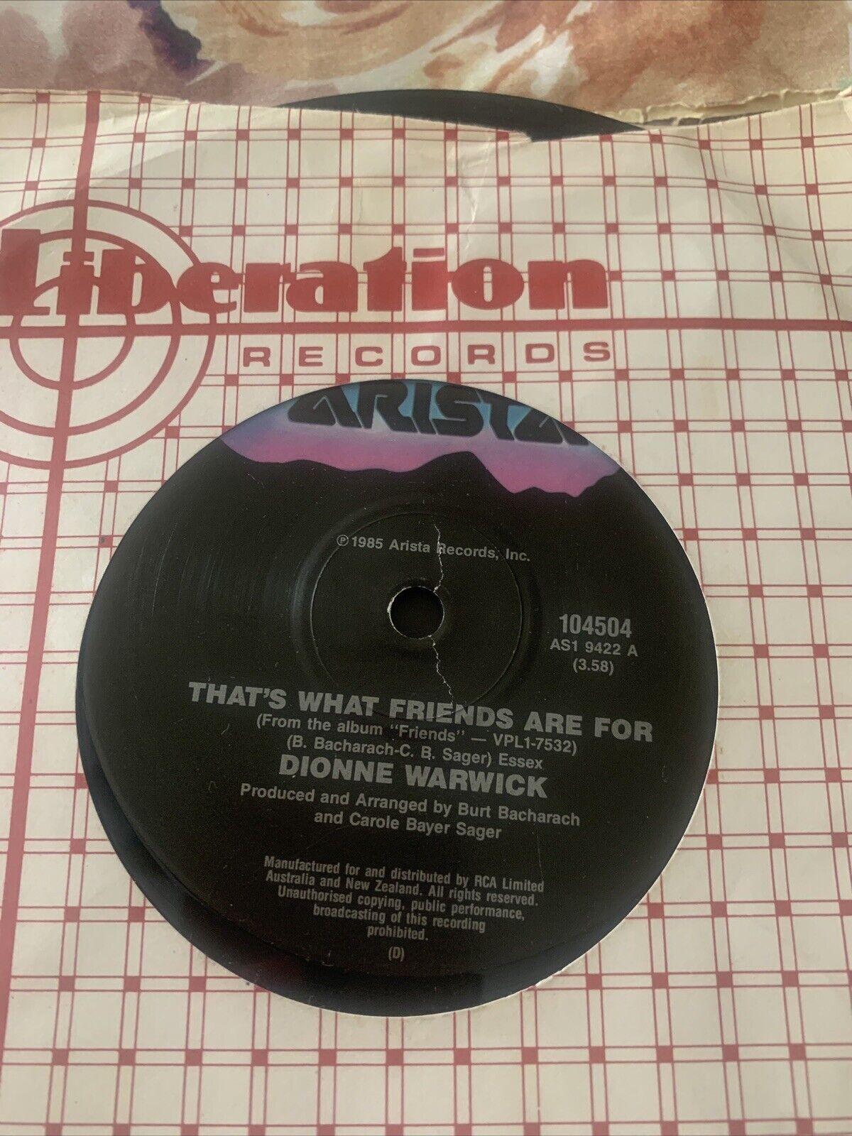 7" Vinyl Single DIONNE WARWICK That’s What Friends Are For  45RPM  K-9863 Arista