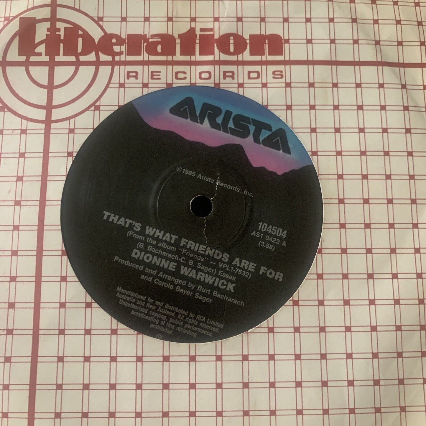7" Vinyl Single DIONNE WARWICK That’s What Friends Are For  45RPM  K-9863 Arista