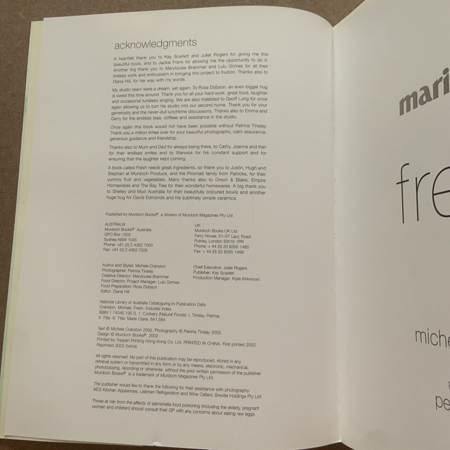 Cookbook Marie Claire FRESH by Michele Cranston  Recipes Large PB New