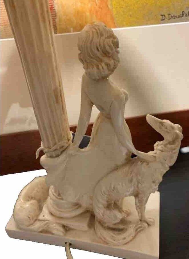Vintage Table Lamp Lady W 2 Hound  Dogs Ceramic 33cm High To Fitting - Working