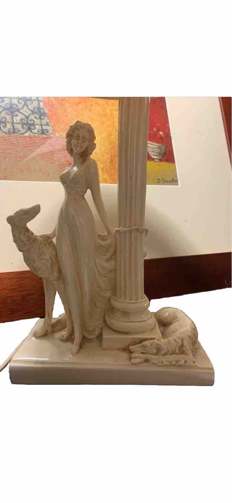 Vintage Table Lamp Lady W 2 Hound  Dogs Ceramic 33cm High To Fitting - Working