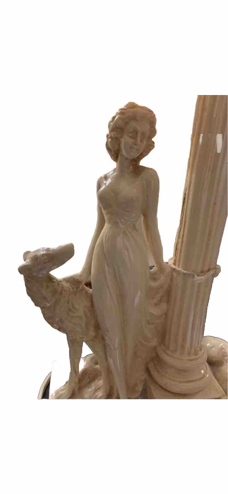 Vintage Table Lamp Lady W 2 Hound  Dogs Ceramic 33cm High To Fitting - Working