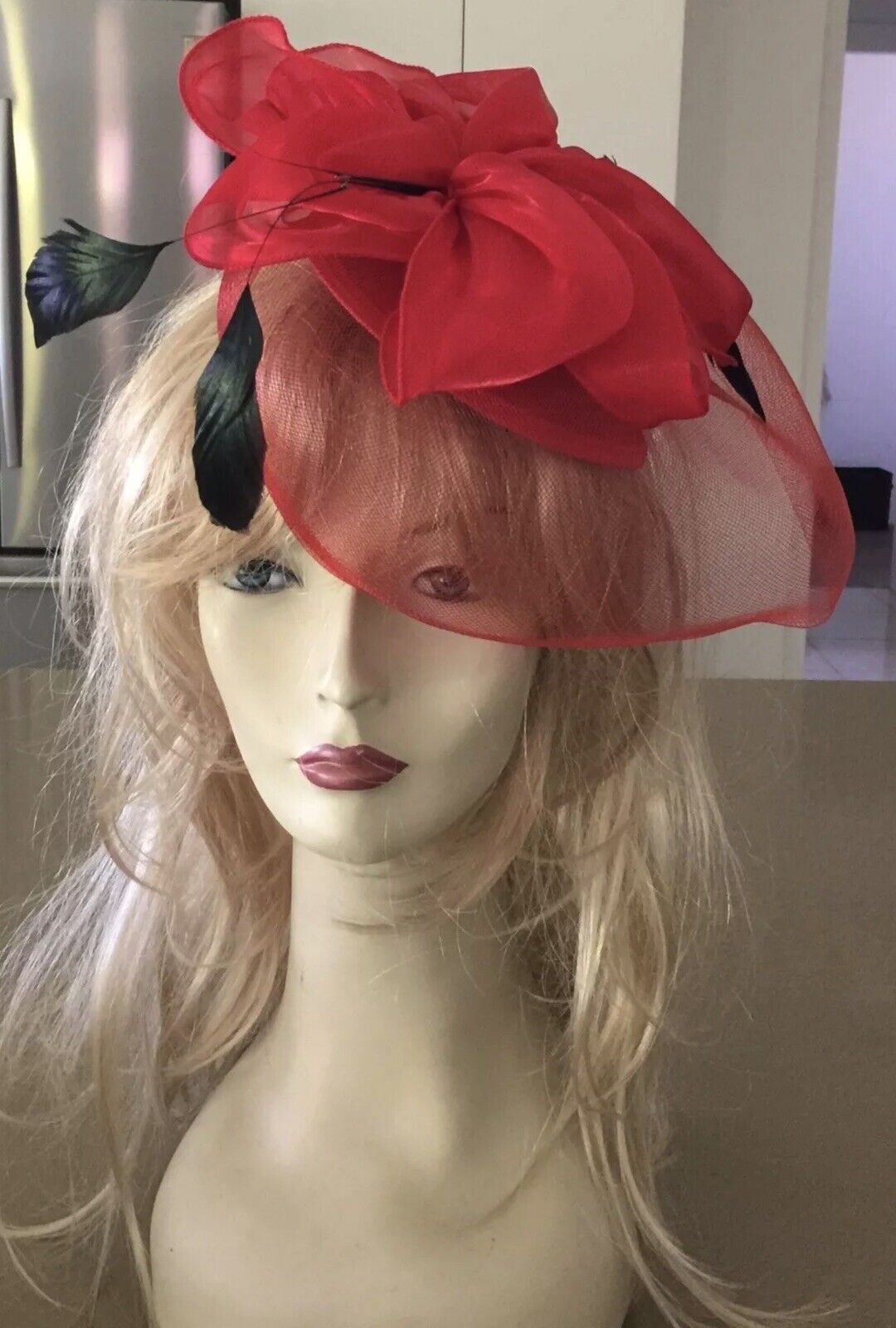 PINUP FASCINATOR Red & Black Feather HeadBand Netting Clip On Races Formal New