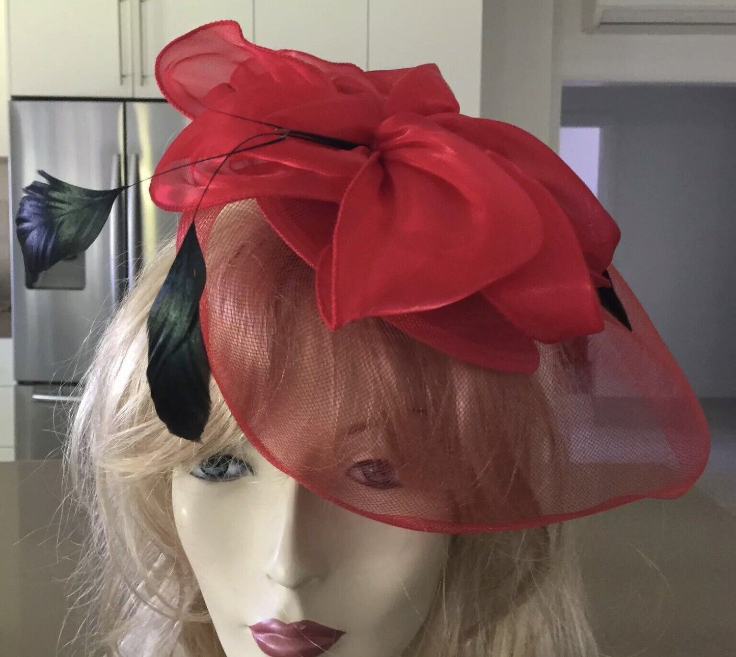 PINUP FASCINATOR Red & Black Feather HeadBand Netting Clip On Races Formal New