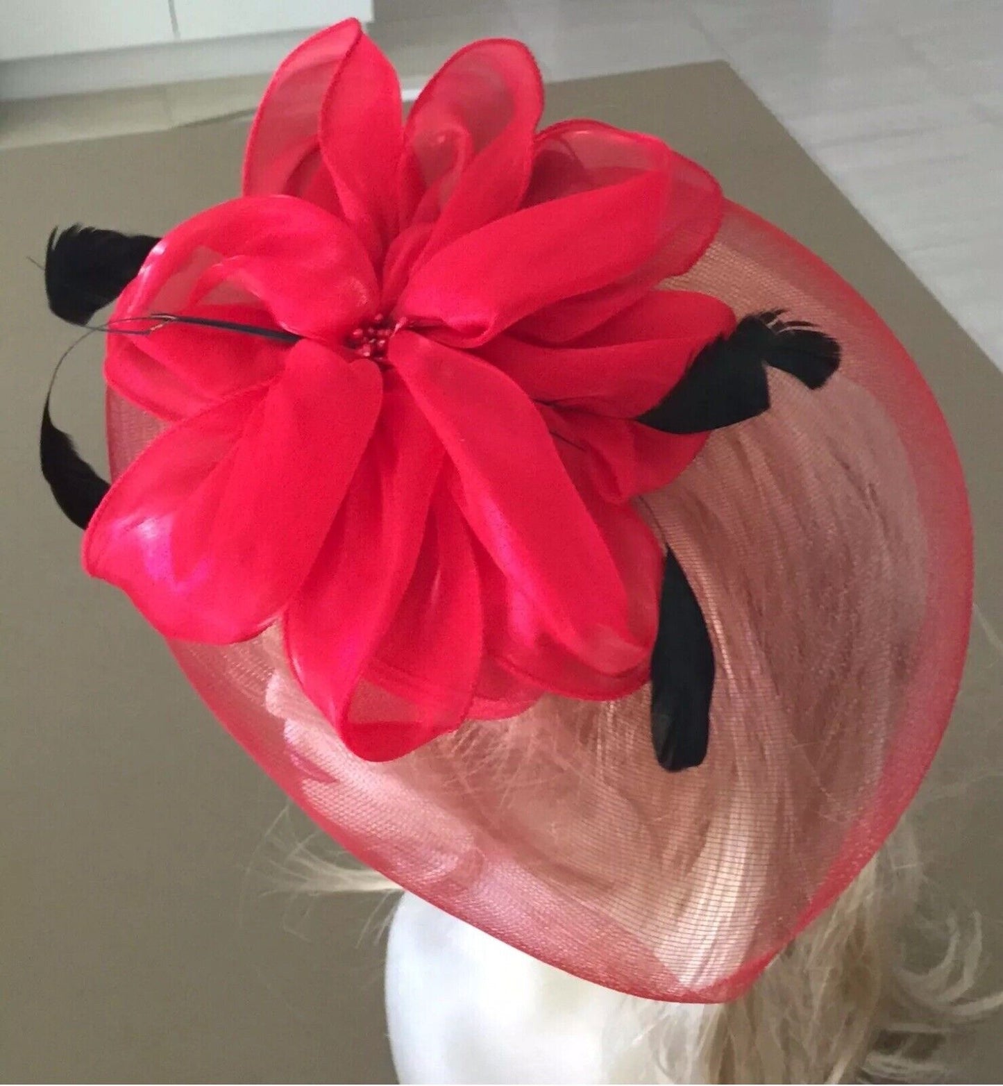 PINUP FASCINATOR Red & Black Feather HeadBand Netting Clip On Races Formal New