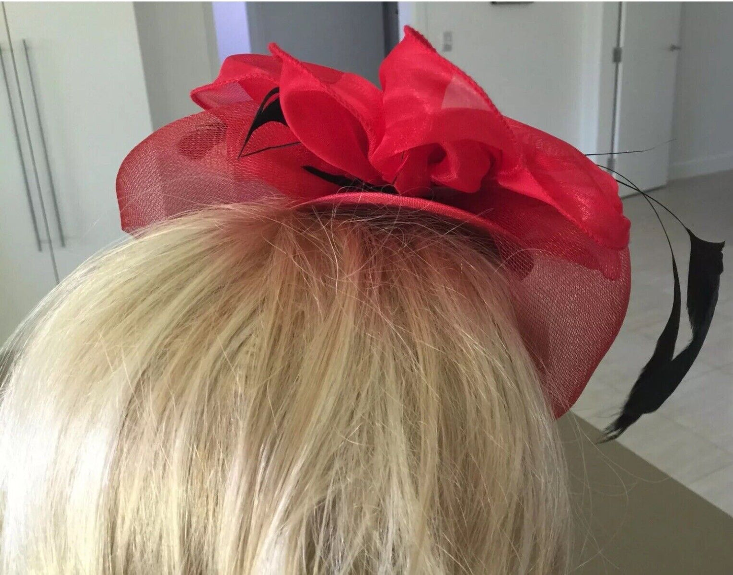 PINUP FASCINATOR Red & Black Feather HeadBand Netting Clip On Races Formal New