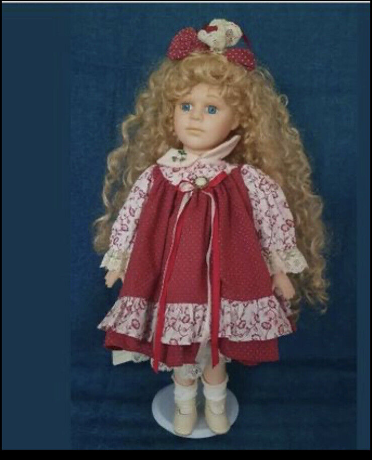 Vintage Standing Doll Copper Art Julia long wavy blonde hair w Stand immaculate