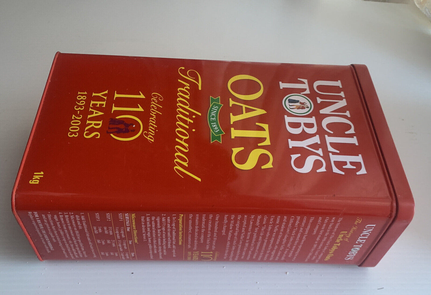 Metal Tin Uncle Toby's Oats Celebrating 110 Years Vintage Collectable RED 2003