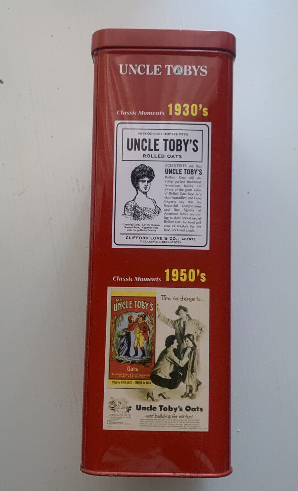 Metal Tin Uncle Toby's Oats Celebrating 110 Years Vintage Collectable RED 2003