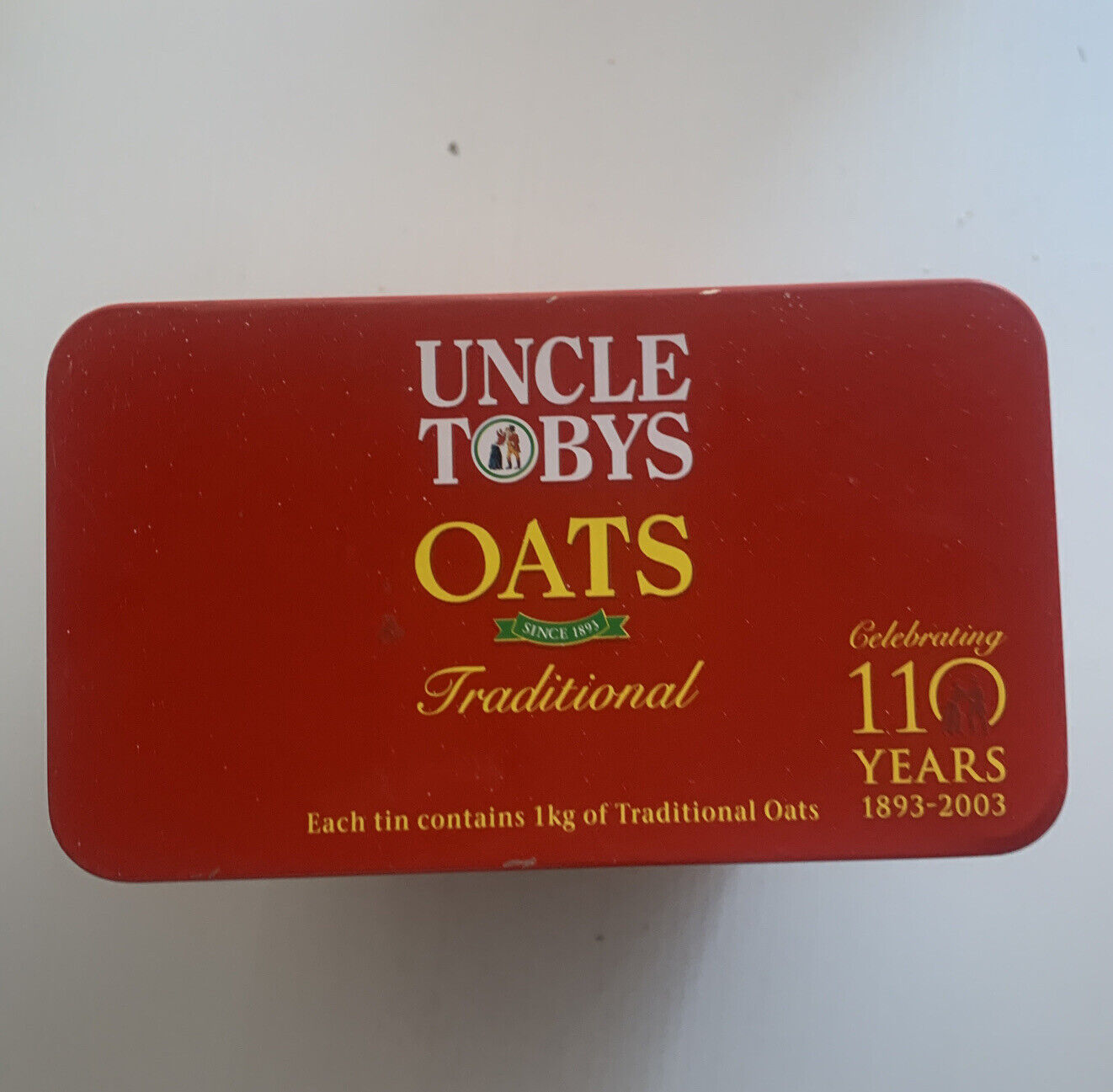 Metal Tin Uncle Toby's Oats Celebrating 110 Years Vintage Collectable RED 2003